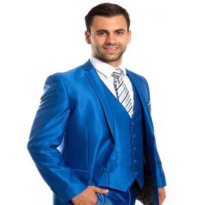 Mens Slim Fitted 2 Button Vested Shiny Sharkskin Suit in Royal Blue